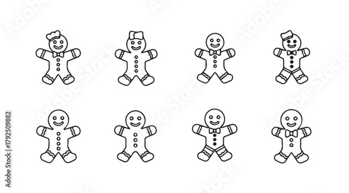 Collection of eight cheerful gingerbread man cookie silhouettes with different hats and bow ties silhouette
