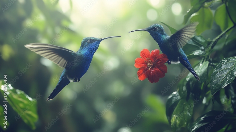 Fototapeta premium Two emerald hummingbirds in flight compete for a bright scarlet flower against a backdrop of lush greenery — the perfect natural setting for environmental presentations or blogs about biodiversity.