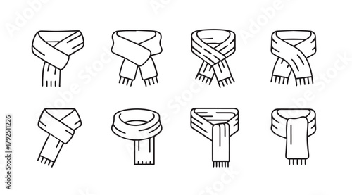 Collection of eight different scarf styles shown as simple line art silhouette