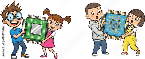 Cartoon children holding large computer microchip, kids learning about technology, digital innovation, science education, electronic engineering and future tech