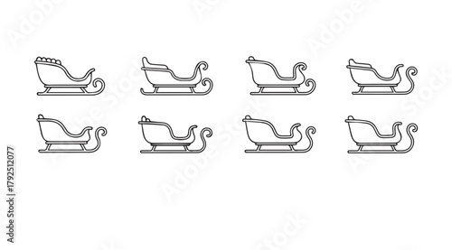Collection of eight distinct christmas sleigh designs in a clean black and white silhouette style