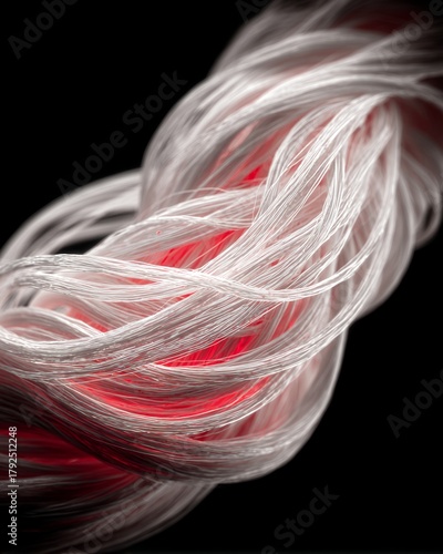close up of twisted white fibers with red glow