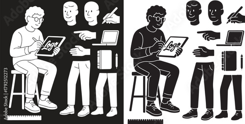 A creative graphic designer working on a digital tablet with a stylus, illustrating a new brand logo, accompanied by various interchangeable body parts and essential design tools for versatile usage.