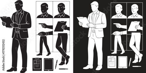 Modular business male character vector illustration set for animation and design, featuring a man holding a clipboard, headshots, hands, legs, tablet, pen, and document.