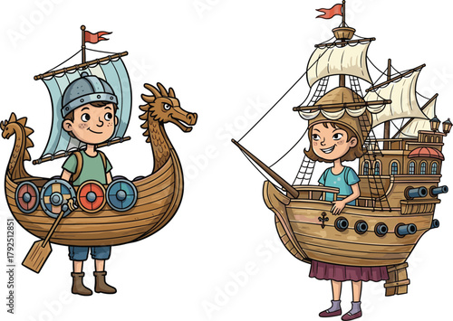 Cartoon kids wearing Viking and sailor costumes standing with wooden ships, fun educational historical adventure illustration for children learning