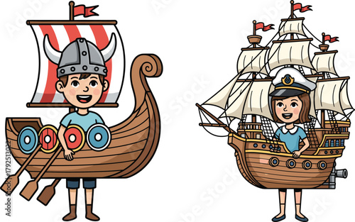 Cartoon kids wearing Viking and sailor costumes, standing with Viking ship and sailing ship, creative historical adventure illustration for children
