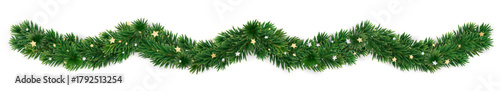 Christmas garland with green fir branches and shiny golden star confetti. Decorative divider for holiday cards, banners, and festive compositions. Transparent background in vector file.