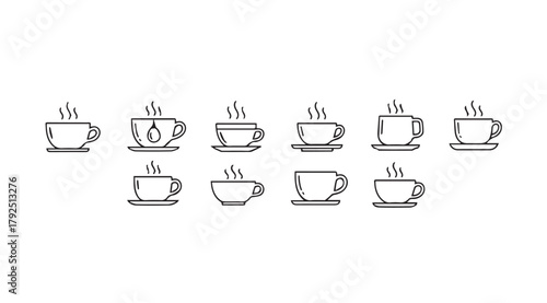 Collection of steaming coffee cups and saucers in a simple black and white silhouette illustration