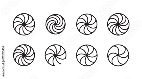 Eight abstract swirling spiral shapes in a clean silhouette design