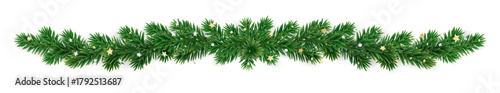 Christmas tree garland of realistic fir branches with golden and silver confetti. Bright festive border for Christmas design, posters, and New Year celebration. Transparent background in vector file.