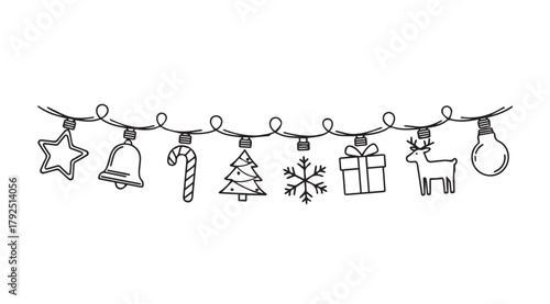Hand drawn festive christmas string lights with ornaments silhouette