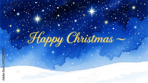 Wallpaper Mural  Dreamy watercolor night sky, stars splattered over deep indigo wash, gentle gradient to white snow at bottom, “Happy Christmas” shining in gold — magical and serene. Torontodigital.ca