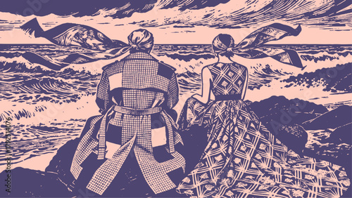 A stylish couple in retro clothes sits on a rocky shore, contemplating a stormy sea. Vector illustration in a vintage graphic novel or manga art style.