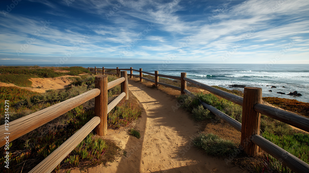 Obraz premium Wooden fence leading down a sandy path toward the ocean horizon.
