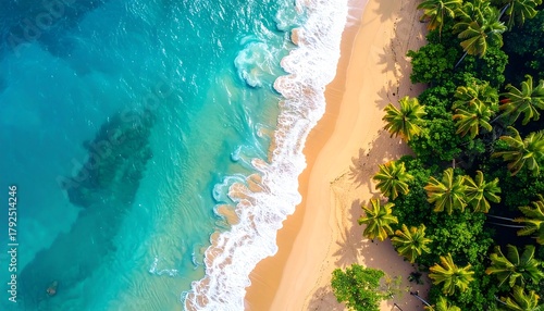 Fototapeta Naklejka Na Ścianę i Meble -  Aerial view clear turquoise waves crash onto a golden sand beach framed by lush green palm trees