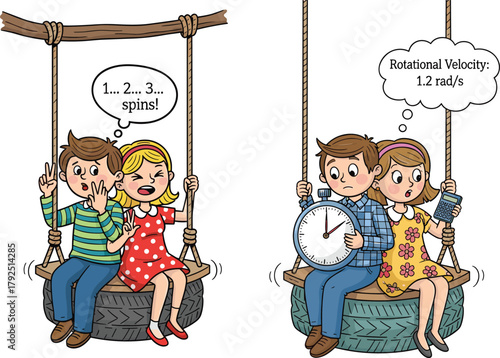 Cute children learning physics on tire swing, rotational motion concept, science education illustration, playful cartoon kids experiment, fun learning activity