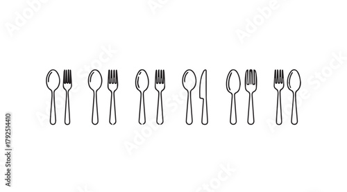 Collection of various cutlery items including forks spoons and knives in a clean silhouette style