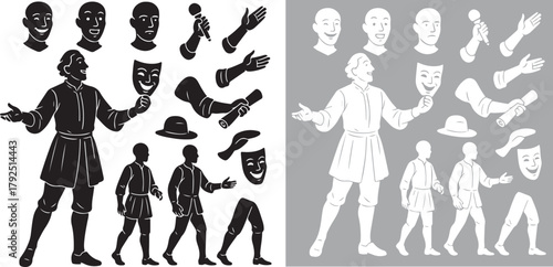 A versatile vector collection featuring a cheerful actor displaying a comedy mask, interchangeable facial expressions, various hand gestures, essential stage props, and diverse body parts.