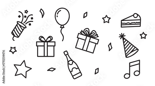 Hand drawn doodle celebration elements including gifts cake balloon party hat confetti and music notes silhouette