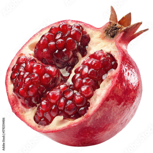Halved ripe pomegranate with juicy arils isolated on transparent background