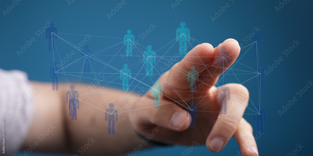 Fototapeta premium Hand touching network of people: representing communication, connection, and social network. Ideal for business