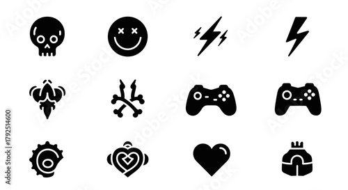 A collection of black silhouette icons including a skull, smiley face, lightning bolts, game controllers, and various symbolic shapes.