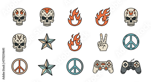 A collection of various retro-style icons including skulls, flames, stars, peace signs, and game controllers on a white background.