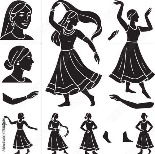 Graceful silhouettes of traditional indian female dancers in dynamic poses, featuring flowing garments and expressive movements, ideal for cultural, performance, and celebratory designs.