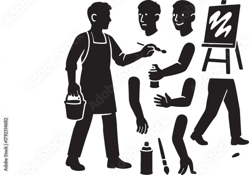 Artist silhouette. versatile creative process via modular elements: heads, arms with brush, spray can, easel, bucket, legs. symbolizes adaptable artistic expression and craft.