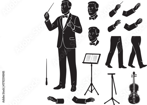 Orchestra conductor character kit with various poses, expressions, and accessories, including a music stand, baton, and violin, illustrating classical music performance and direction elements