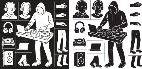 Dj music graphic set showcasing a hooded disc jockey mixing on a laptop and mixer. includes headphones, turntable, speaker, male heads, hands, legs. perfect for design projects.