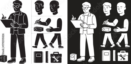 Customizable male character illustration in various poses with interchangeable heads, arms, and legs, holding a clipboard and pen, suitable for business, education, and technical presentations.