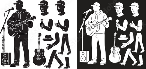 Acoustic guitarist playing live with microphone and speaker, flat vector illustration. includes a modular character kit with interchangeable heads, arms, legs, and accessories for custom design.