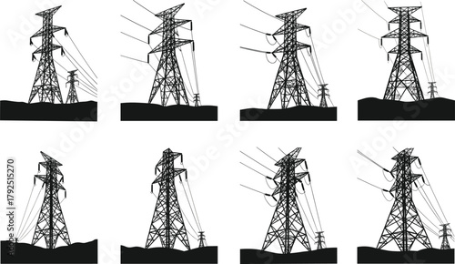 Silhouette collection of high voltage transmission towers with multiple power lines and electrical grid structures, isolated on white background for industrial design use