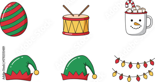 Christmas holiday icons featuring ornament, drum, hot cocoa mug, elf hats, and festive string lights in cute colorful winter illustration style