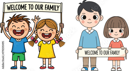 Happy children and cute family holding welcome to our family banner, cheerful cartoon illustration celebrating love, unity, joy, and togetherness