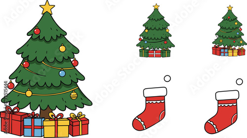 Colorful Christmas tree with gifts and festive stockings illustration, holiday decoration artwork for seasonal celebration, winter festive graphic design