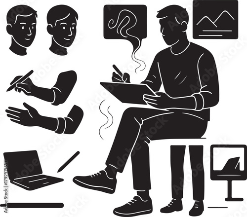 Digital artist illustrating with a graphics tablet and stylus, surrounded by creative elements: laptop, monitor, expressive hands, heads, depicting modern digital art design workflow.