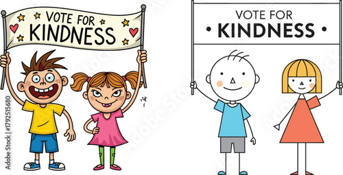 Happy children holding kindness banners illustration, promoting positive message, teamwork, friendship, empathy, diversity, compassion, cartoon art, moral education, awareness