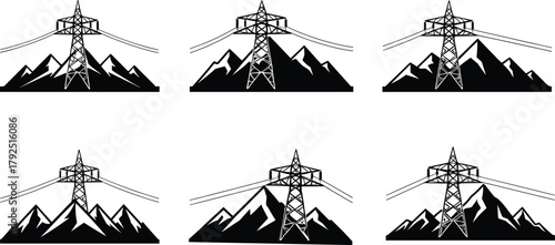 High voltage electricity pylons over mountain landscape, power transmission towers illustration, renewable energy infrastructure, electric grid network, energy supply concept art