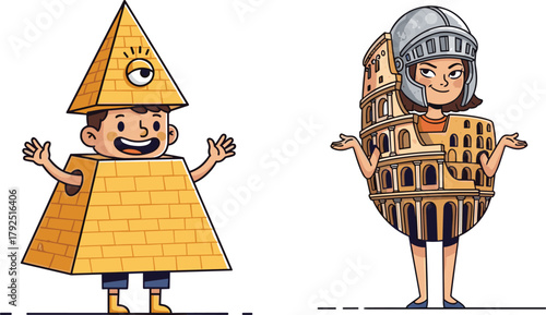 Happy children wearing pyramid and colosseum costumes, fun world architecture illustration, cultural education concept, ancient history learning, creative cartoon art