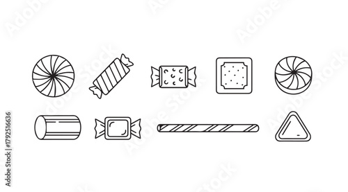Collection of various candy shapes in a simple black and white hand drawn silhouette style
