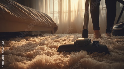 Domestic chore involves deep cleaning thick shag carpeting near bedroom furniture