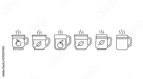 Collection of six steaming beverage mugs with decorative elements silhouette