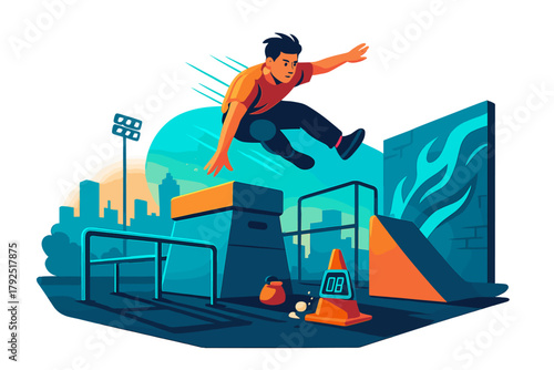 Dynamic athlete jumping over obstacles in an urban parkour training environment