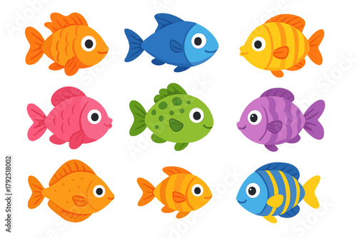 Collection of nine cute colorful cartoon fish characters swimming underwater