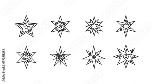 Collection of eight unique star shapes in a graphic silhouette style