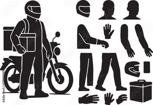 Delivery worker vector illustration set with customizable body parts, helmet, hands, legs, head, and motorcycle, representing fast food delivery and courier services.