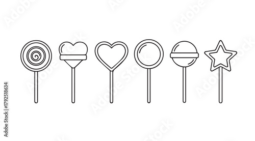 Collection of diverse lollipop shapes including round heart square and star in a simple outline silhouette design
