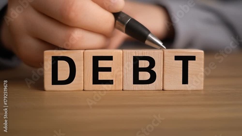 Wooden blocks spelling the word DEBT with a person in the background.